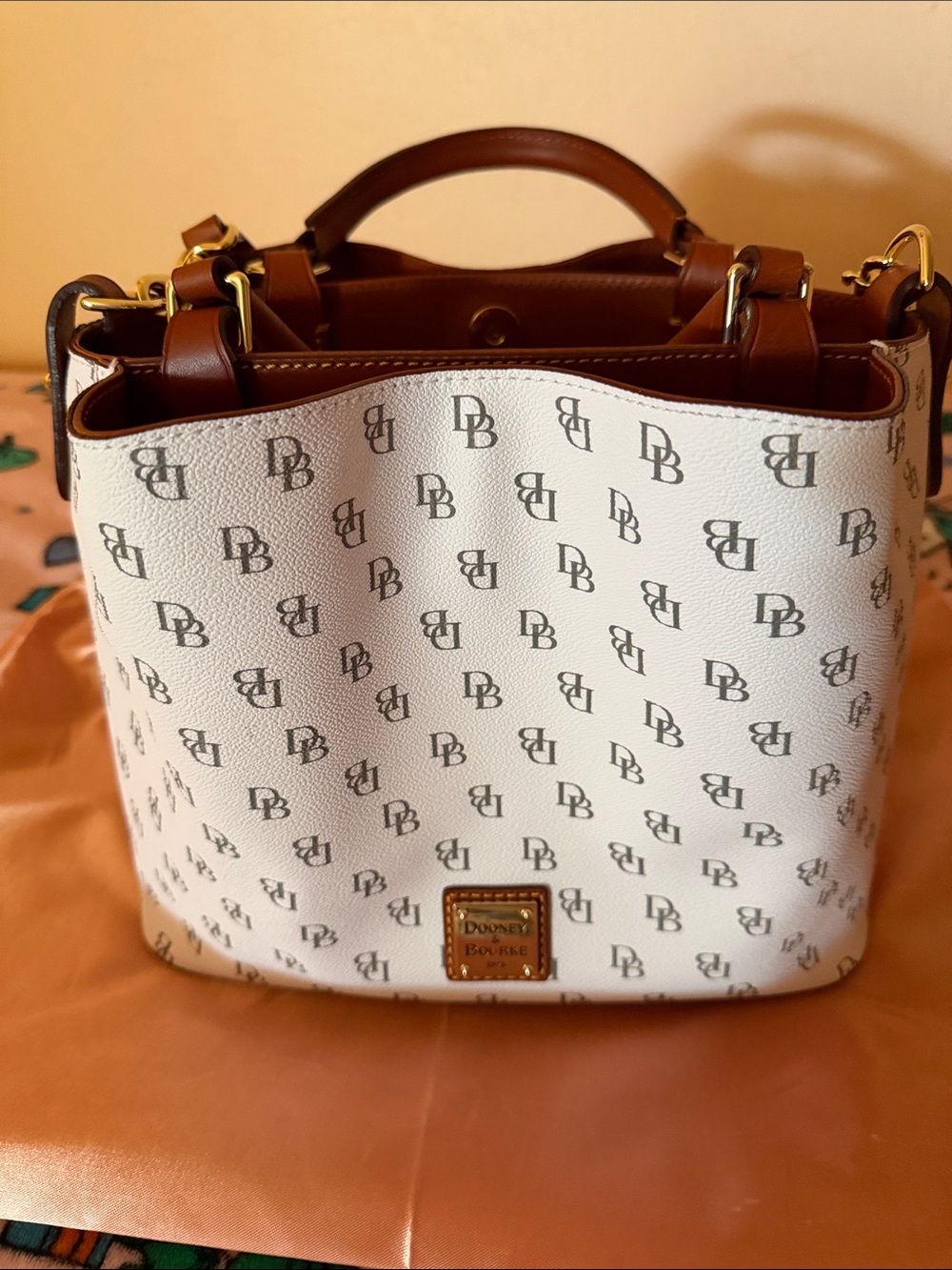 Dooney & Bourke White Logo-Print Shoulder Bag with Brown Trim